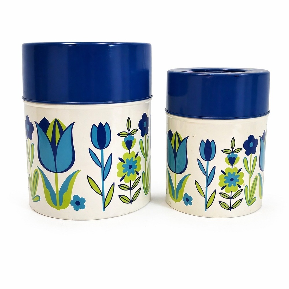 Vintage 60s Counterpoint Japan Metal Canister Set Blue Tulip MCM Flower Power